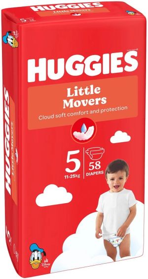 HUGGIES Little Movers- Бебешки еднократни пелени,Размер  5 (11-25 кг),58 бр./пак.