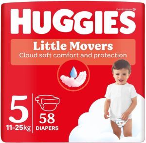 HUGGIES Little Movers- Бебешки еднократни пелени,Размер  5 (11-25 кг),58 бр./пак.