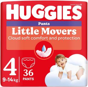 HUGGIES Little Movers- Бебешки еднократни гащи,Размер   4 (9-14 кг) Disney 36 бр./пак.