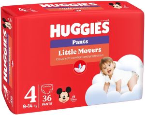 HUGGIES Little Movers- Бебешки еднократни гащи,Размер   4 (9-14 кг) Disney 36 бр./пак.