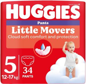 HUGGIES Little Movers- Бебешки еднократни  гащи,Размер  5 (12-17 кг)Disney ,34 бр./пак.