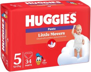 HUGGIES Little Movers- Бебешки еднократни  гащи,Размер  5 (12-17 кг)Disney ,34 бр./пак.