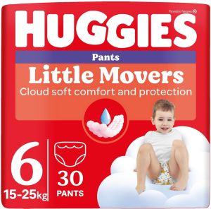 HUGGIES Little Movers –  Бебешки еднократни гащи, Размер 6 (15–25 кг), Disney, 30 бр.