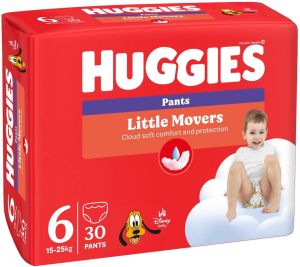 HUGGIES Little Movers –  Бебешки еднократни гащи, Размер 6 (15–25 кг), Disney, 30 бр.
