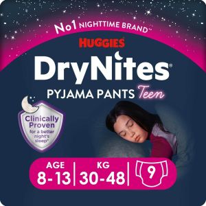 HUGGIES DryNites- Еднократни нощни гащи за момиче , 8-13 год.(30-48кг), 9 бр./пак..