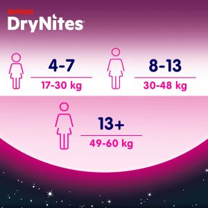 HUGGIES DryNites- Еднократни нощни гащи за момиче , 8-13 год.(30-48кг), 9 бр./пак..