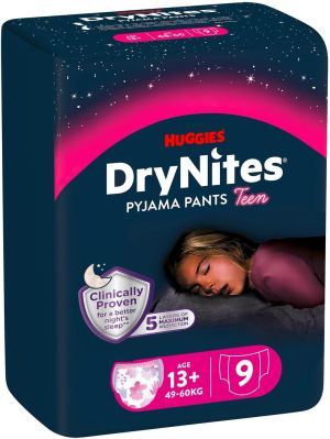 HUGGIES DryNites- Еднократни нощни гащи за момиче , 13+ год.(48+ кг),9 бр./пак.