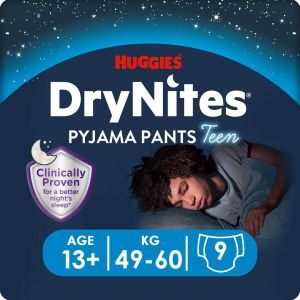 HUGGIES DryNites – Еднократни нощни гащи за момче, 13+ год. (48+ кг), 9 бр./пак.